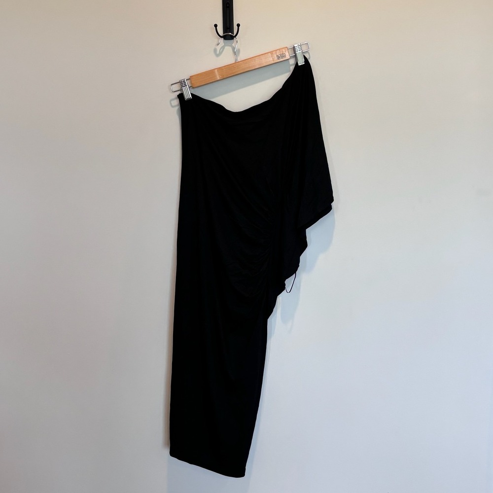 Trina Turk Dress Womens XS Black Asymmetric Ruched Midi Viscose Blend New Tags